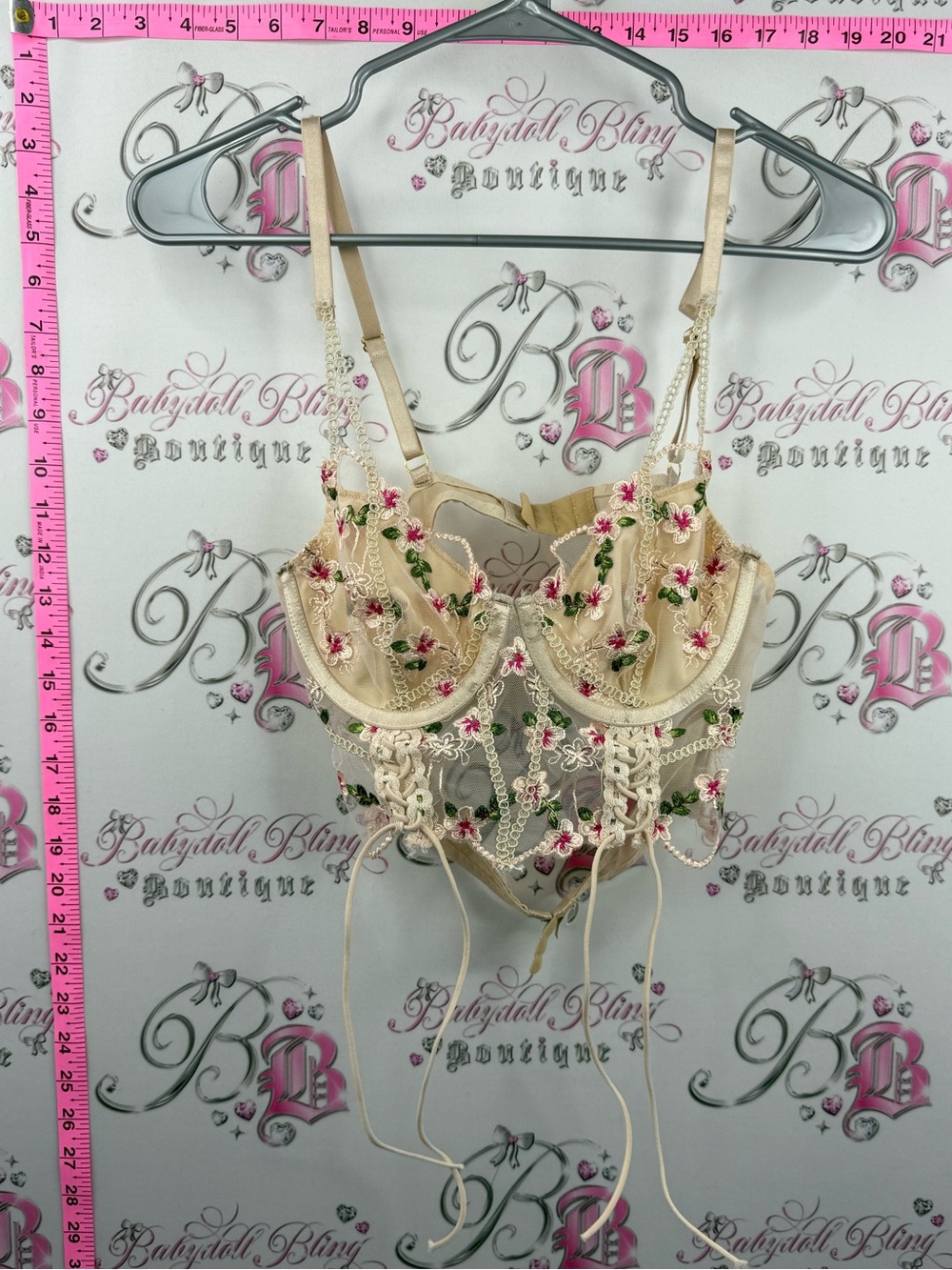 Bra bustier corset style flowers Beige Floral Embroidered Lace Bustier
